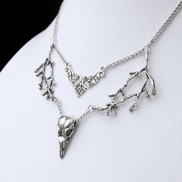 Bird Skull Necklace, Skull Choker, Gothic Choker, Gothic Jewelry, Branch Necklace, Victorian Gothic, Raven Skull, Witchy jewelry, Crow Skull