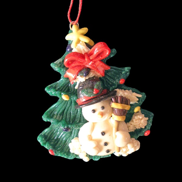 Salt Dough Glazed Christmas Tree and Snowman - Christmas Tree Snowman Ornament - Vintage Christmas Tree Ornament - Vintage Baked Salt Dough