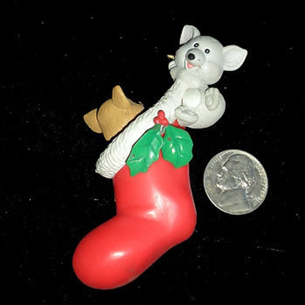 Vintage MISCHEESEOUS MICE Christmas Ornament - Mice in Stocking - Moving Lever Lifts Mouse - 1994 Tree Ornament - Mouse Cheese Stocking