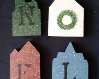 Vintage 1990 Wood NOEL Blocks Christmas Decor - NOEL Letters on Wood Blocks - NOEL House Silhouette Blocks - Christmas Around the World