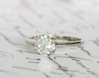 6.45mm White/Blue Moissanite in 9k White Gold Solitaire Ring, Engagement Ring