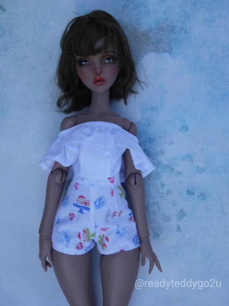 White ruffles top /& blue cupcakes jumpsuit for Minifee A-line M-line