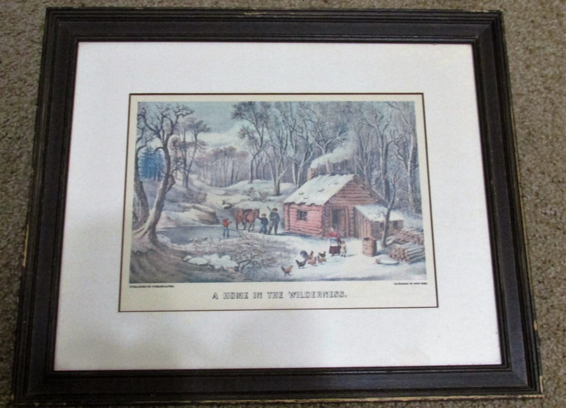 Vintage framed Currier & Ives print a home in the Wilderness Etsy