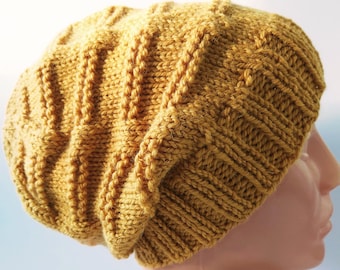 Hat knitted chunky mustard alpaca wool winter hat,slouchy beanie, Christmas gift,colored hats ,ready to ship