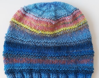 Hand Knit Chunky Wool Beanie, Multicolour Slouchy Hat