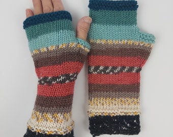 Thick Wool Fingerless Gloves Mittens Long Arm Warmers  Women Fingerless Wrist Multicolored Gloves Knitted Gloves Handmade  Ready to ship