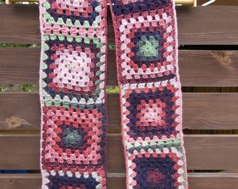 Crochet Scarf  Granny Squares Afghan Scarf  Handmade Scarf  Granny Squares Crochet vegan scarf Crochet Granny Squares Scarves
