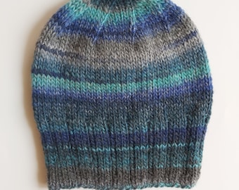 Hand Knit Chunky Wool Slouchy Beanie, Multicolour Blue Shades