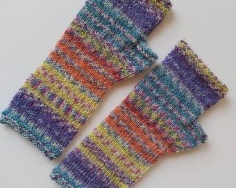 Handknit Wool Fingerless Gloves: Multicolored Long Arm Warmers