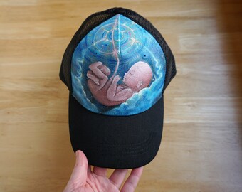 Hand painted | Cosmic Baby | Trucker Hat | Space | Fetus in the Womb | Pro Life | Wearable Art | Black | Baseball Cap | Ready to Ship!