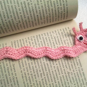 Crochet bookmark, Bookmark bookworm, Pink bookmark, Funny bookmark, Handmade cute Bookmark, Gift for book lovers, Book lover gift, Bookwarm image 1