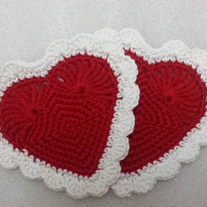 Crochet Heart Coasters - Red & White - Valentine&#39;s Day Decor (Set of 2)