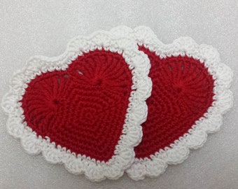 Crochet Heart Coasters - Red & White - Valentine's Day Decor (Set of 2)