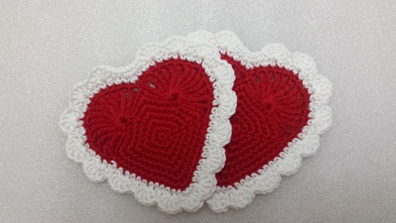 Handmade crochet red heart small romantic doily//coaster Valentine/'s day gift