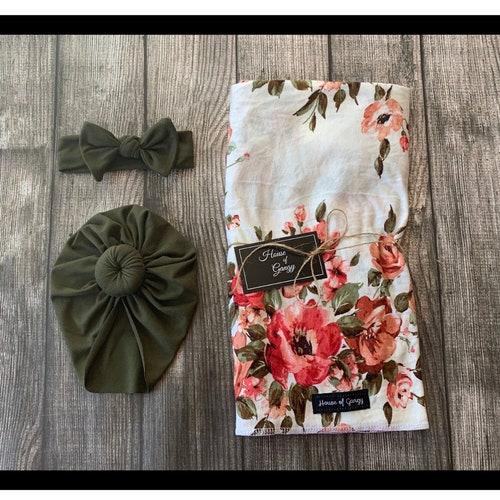 Baby Girl Swaddle and Turban Set Black Floral Swaddle Etsy