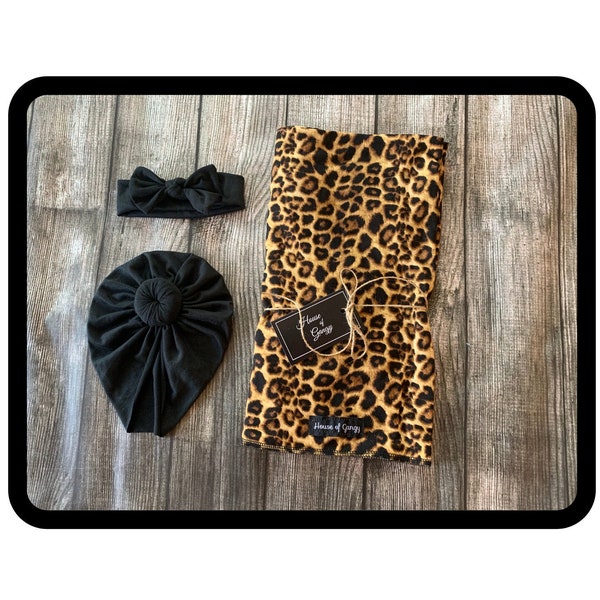 Newborn Infant Cheetah Animal Print Swaddle Set with Headband and Turban Knot Hat