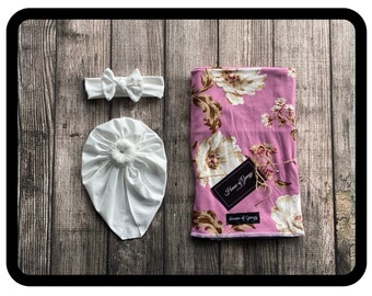 Newborn Tan Floral on Lavender Swaddle Set with Turban Hat and Headband Options