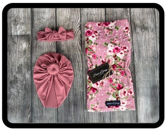 Baby Girl Coming Home Set Pink and Burgundy Floral on Mauve Swaddle Set with Turban AND Headband Options