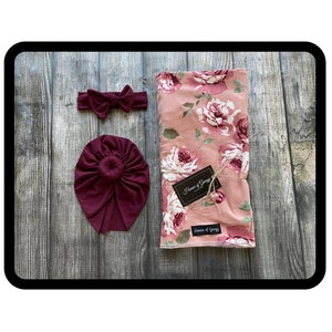 Newborn Take Me Home Set Dusty Roses Swaddle Set with Turban AND Headband OPTIONS