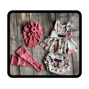 Peplum w Sleeve Options, Set or Individual, Peplum Headband Turban Diaper Cover Knee Socks