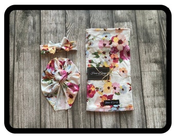 Baby Girl Coming Home Set Newborn Colorful Floral on Ivory Swaddle Set with Turban AND Headband Options