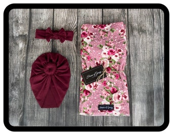 Baby Girl Coming Home Set Pink and Burgundy Floral on Mauve Swaddle Set with Turban AND Headband Options