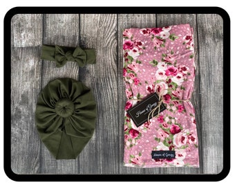 Baby Girl Coming Home Set Pink and Burgundy Floral on Mauve Swaddle Set with Turban AND Headband Options