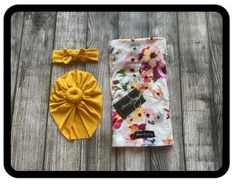 Baby Girl Coming Home Set Newborn Colorful Floral on Ivory Swaddle Set with Turban AND Headband Options