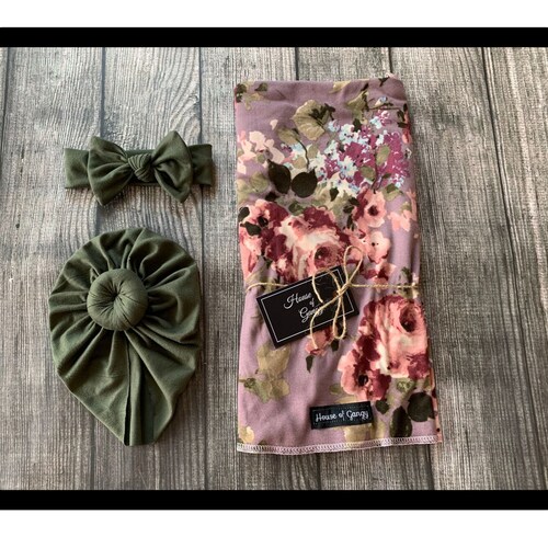Newborn Mauve Floral on Ivory Swaddle Set With Turban Hat and Etsy