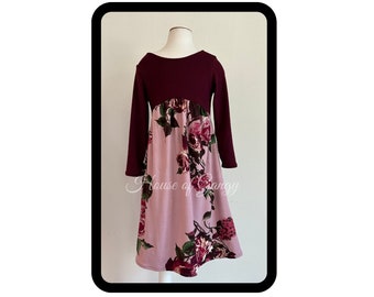 18 Month - Girls 6 Burgundy and Lavender Floral on Ivory, High Neck, Low Back, Knee Length,  Optional Sleeve Length, Optional Headwear