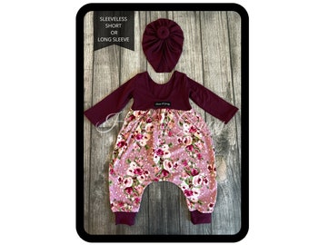 12 Mo- 6 Girls Pink Floral on Mauve, High Neck Low Back Bubble Style Romper Sleeveless/Short/Long Sleeve options+Headwear