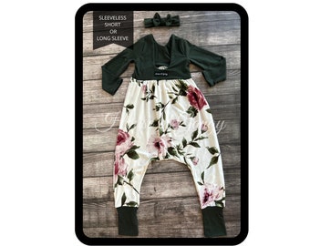 12 Mo- 6 Black with Mauve Floral, High Neck Low Back Bubble Style Romper Sleeveless/Short/Long Sleeve options+Headwear