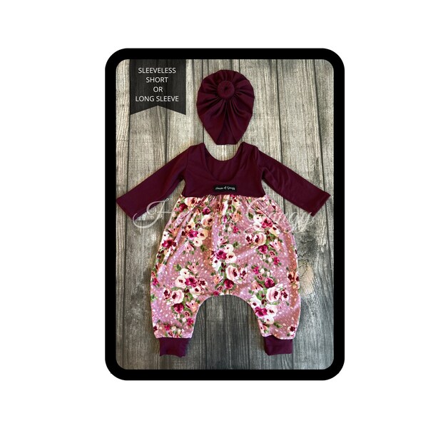 12 Mo- 6 Girls Pink Floral on Mauve, High Neck Low Back Bubble Style Romper Sleeveless/Short/Long Sleeve options+Headwear