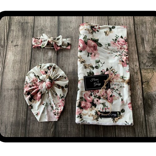 Newborn Mauve Floral on Ivory Swaddle Set With Turban AND Etsy