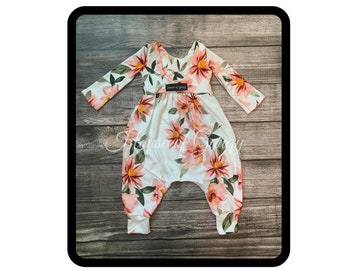 0/3 Mo - 5/6 Toddler Pink and Mustard Floral on Ivory Slip on/SNAPLESS dropped back bubble  Stretchy Knit Romper Long, Short, or Sleeveless