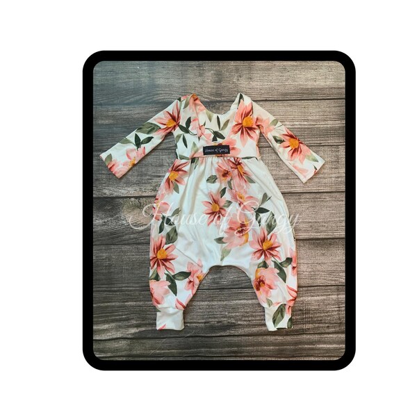 0/3 Mo - 5/6 Toddler Pink and Mustard Floral on Ivory Slip on/SNAPLESS dropped back bubble  Stretchy Knit Romper Long, Short, or Sleeveless