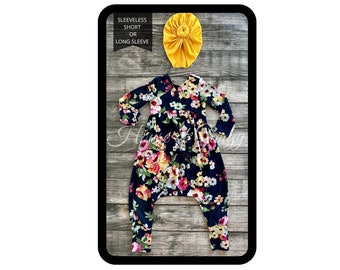 0/3 Mo - 5/6 Toddler Colorful Floral on Navy Slip on/SNAPLESS dropped back bubble  Stretchy Knit Romper Long, Short, or Sleeveless