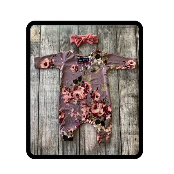 Newborn - 5/6 T Burgundy Floral on Dusty Mauve Long or Short  Sleeve Slip On Snapless Romper and Headwear Options