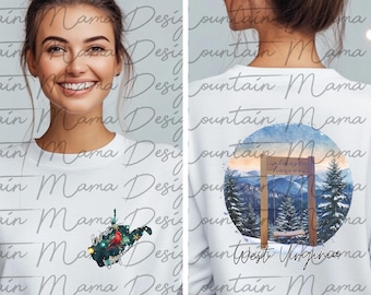 May include: White long-sleeve shirt with a graphic of a winter scene in West Virginia. The graphic features a wooden archway with a view of snow-covered mountains and trees. The text "West Virginia" is printed below the graphic.