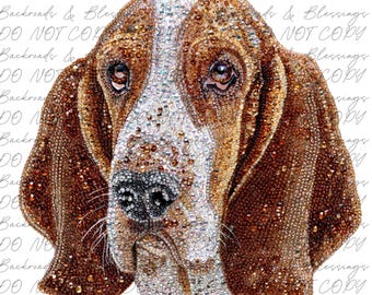May include: A detailed, jeweled portrait of a Basset Hound's face. The dog has brown and white fur, with a white stripe down its face. The image is covered in small, sparkling embellishments, giving it a textured, gem-like appearance.