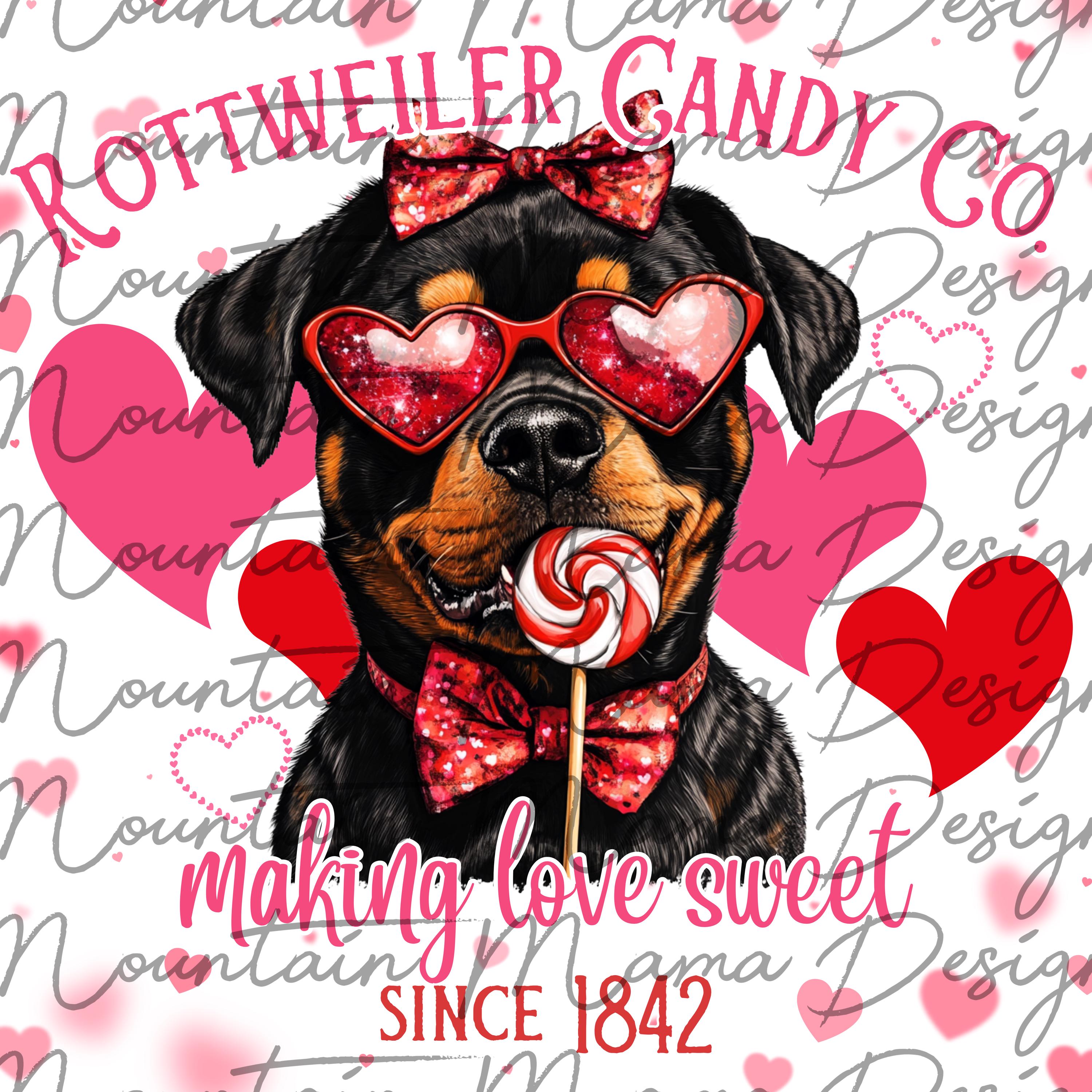 Rottweiler Valentines PNG: Dog With Candy, Heart Glasses (instant