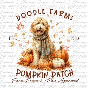 Puede incluir: Ilustración digital de un perro golden doodle con bufanda, calabazas y hojas de otoño. El texto dice "Doodle Farms Pumpkin Patch", con "Farm Fresh & Paw Approved" debajo. Establecido en 1983.
