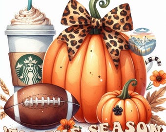 May include: A fall-themed illustration featuring a pumpkin with a leopard print bow, a football, a cup of coffee with whipped cream, and a small pumpkin. The text "'Tis the Season" is written in a brown font at the bottom of the image.