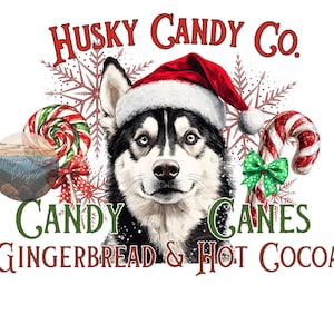 Puede incluir: Un perro husky blanco y negro con un gorro de Papá Noel rojo con copos de nieve y bastones de caramelo en el fondo. El texto "Husky Candy Co." está en la parte superior de la imagen. El texto "Candy Canes Gingerbread & Hot Cocoa" está en la parte inferior de la imagen.