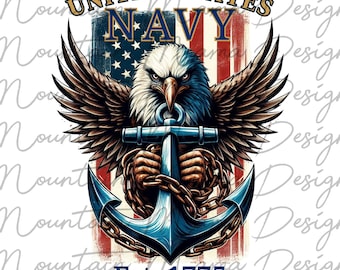 May include: A patriotic design featuring a bald eagle with outstretched wings, clutching a blue anchor with a chain. The background includes the American flag and the words "UNITED STATES NAVY" and "Est. 1775".
