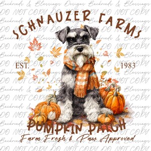 May include: A digital illustration featuring a Schnauzer dog wearing an orange plaid scarf, surrounded by pumpkins and autumn leaves. The text reads "Schnauzer Farms Pumpkin Patch" and "Farm Fresh & Paw Approved."