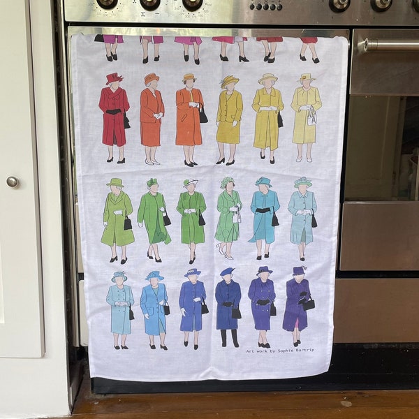 Queen Elizabeth rainbow outfit tea towel