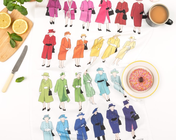 Queen Elizabeth rainbow outfit tea towel, British Royal family memorabilia, The Queen,