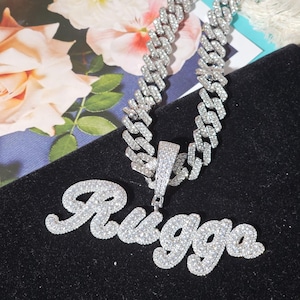 Custom Diamond Script Letter Necklace with 12mm Cuban Link Chain,Iced Out Name Pendant,Custom Necklace,Personalised Jewelry,Gifts for Her