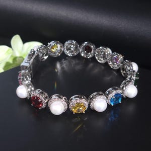 10MM Colorful Gemstones and Pearls Bracelet for Women,Iced Out Diamond Bracelets,Hip Hop Personalized Jewelry, Trendy Birthday Gifts